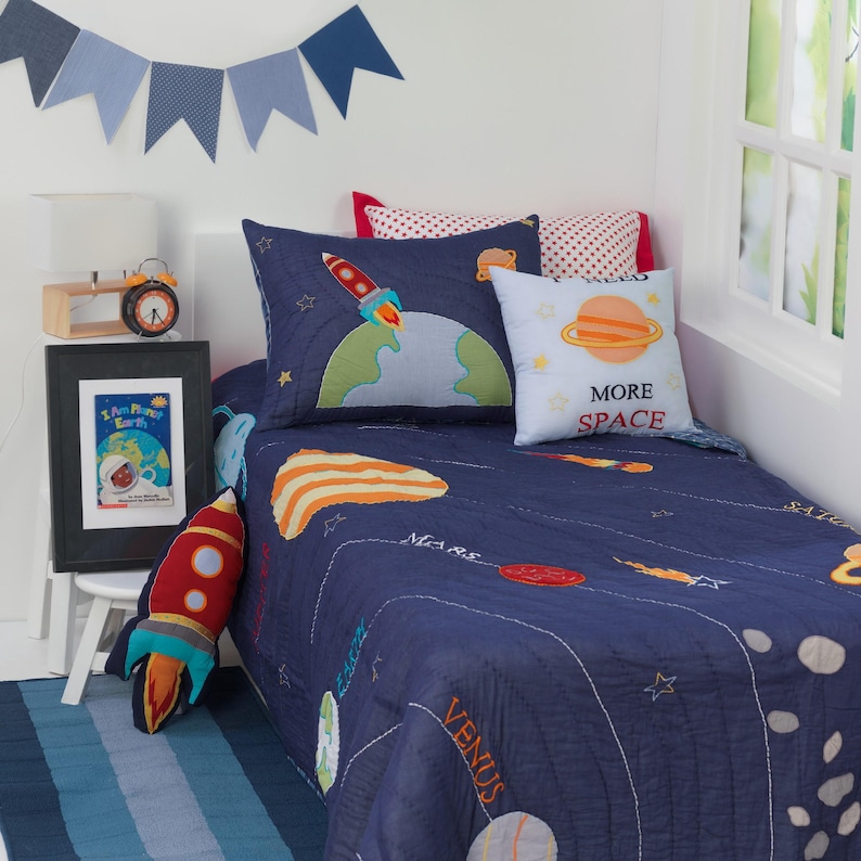 3..2..1..Blast Off Kids' Bedding Set Kid Room Decor Solar System Rocket Spaceship Kid Room Boy Bedding Free Personalization zdjęcie 1