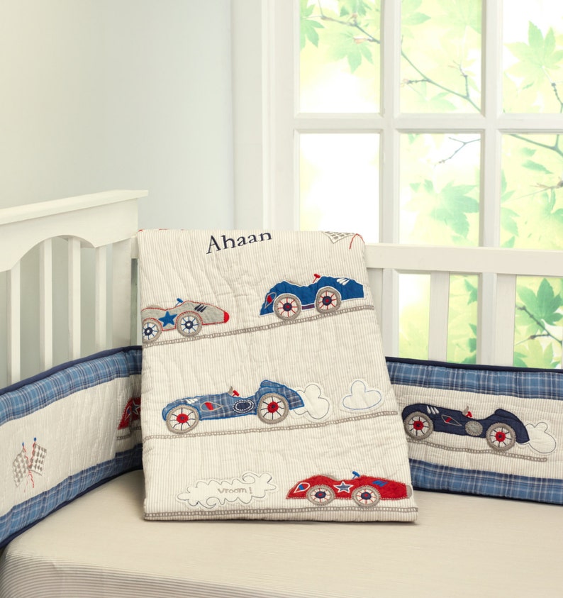 Vrooooom Baby Quilt Boy Navy Red Grey Race Car Crib Bedding Free Personalization