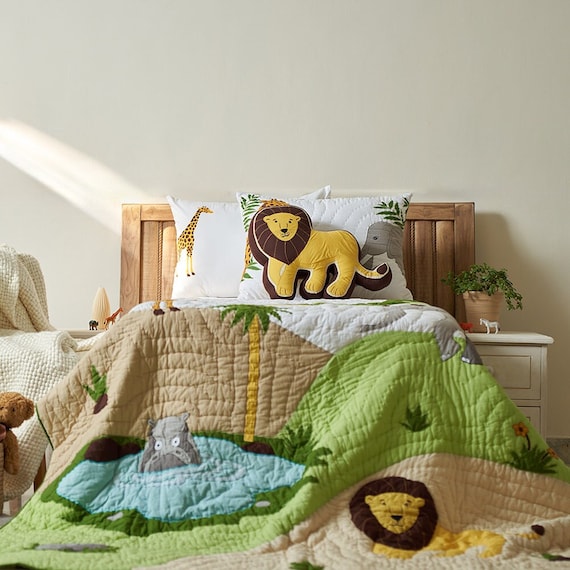 Jungle Animals Jungle Kids Bedding Jungle Animal Bed Quilt Safari Kids Bedding Set Embroidered Cotton Quilt,  Personalized