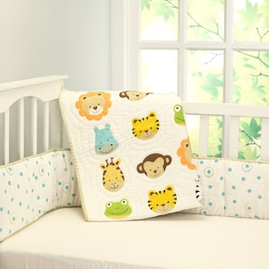 Say Cheese! Baby Quilt Gender Neutral | Ivory Yellow Red Orange Animal Faces Crib Baby Bedding- Free Personalization
