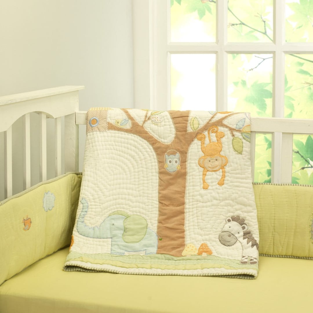 Jungle Safari Baby Quilt | Lion, Monkey, Elephant & Zebra, Cotton Crib ...