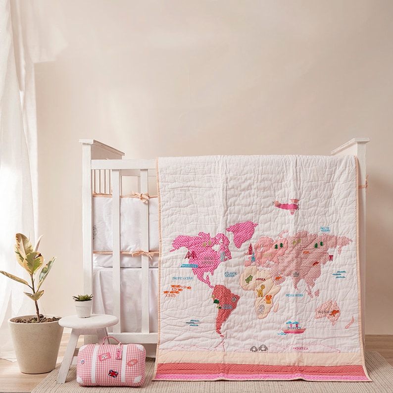 My World Baby Toddler Quilt | Pink White Blue Nursery Bedding - Free ...
