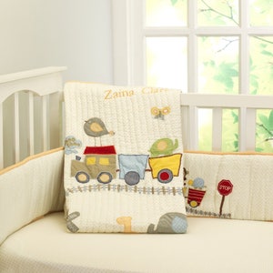 Choo Choo Friends Animal Train Baby Quilt Gender Neutral | Yellow Orange Green Red Yellow Gingham Crib Baby Bedding - Free Personalization