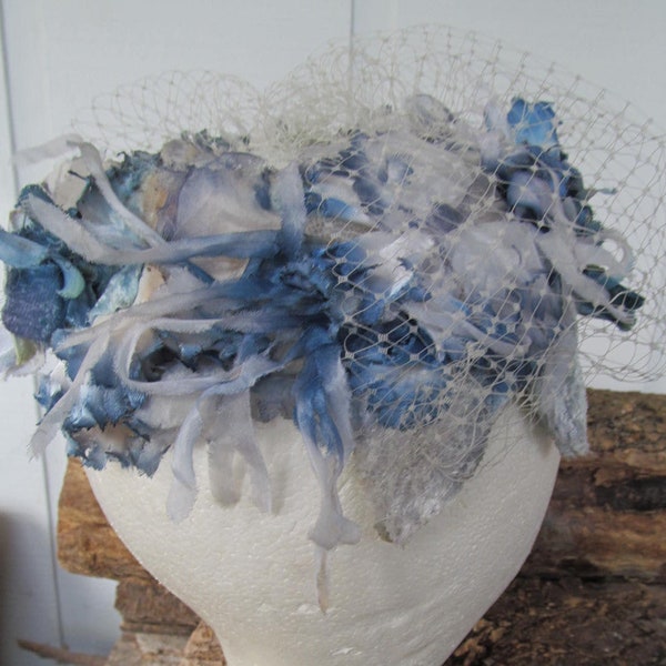 Lovely Ice Blue / Grey Floral Skull Cap Style Hat w/ Silk & Velvet Flowers, Grey Russian Netting 1950s - Perfect for Weddings, Easter, More!