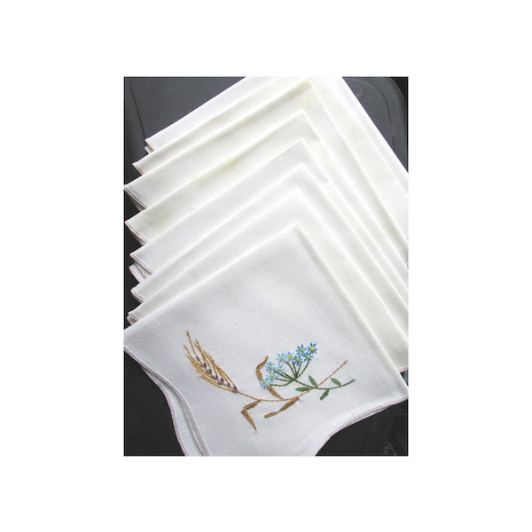 Vintage Linen Embroidered Dinner Napkins - Ivory with Floral & Wheat Motif - 16" by 16" Square  - Perfect for Tea Time,  Entertaining, More!