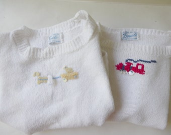 Darling Vintage Little Boys and Girls White Cotton Embroidered Sweaters -- Size 18-24 Months --  Such Vintage Cuteness and Perfect Gift!