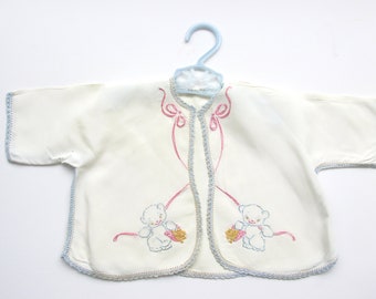 Sweet Vintage Baby Sacque Bed Jacket - White Rayon with Pink and Blue Embroidery and Crocheted Edging - Perfect for Baby and Baby Dolls!
