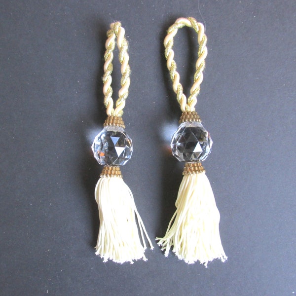 Glamorous Hollywood Regency Hanging Silken Tassels - Ivory & Gold w/ Faceted Crystal Ball - Perfect Finishing Touch for Boudoir, Bath, More!