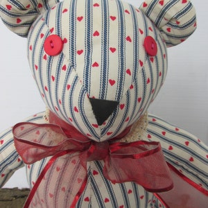 Heart Motif Teddy Bear - Hand-crafted in Red, White, Blue Striped Cotton with Matching Bow 10&quot; Tall - Perfect for Valentine&#39;s Day, More!