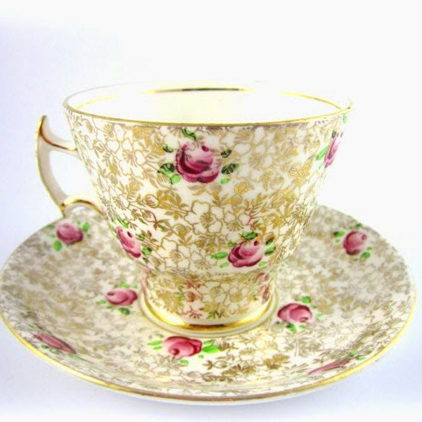 Dainty Phoenix Thomas Forester Pink Rose and 22K Gold Chintz Demitasse Tea Cup & Saucer Set  - Bone China  Made in England - So Cute!