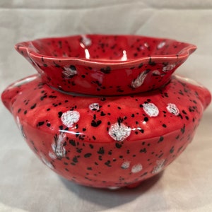 May include: Red ceramic planter with a white and black speckled design. The planter has a removable top saucer.