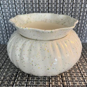 May include: A cream-coloured ceramic bowl with a scalloped rim and a rounded, ribbed body. The surface features a speckled pattern of small green, yellow, and pink dots distributed across the exterior and the interior rim of the vessel.