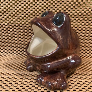 May include: A brown ceramic frog-shaped container with a wide open mouth and large, glossy black eyes. The frog has a glossy finish and a light-coloured interior. The container is sitting on a brown surface.