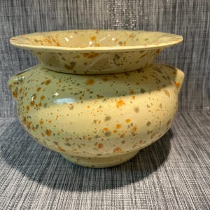 May include: A ceramic planter with a wide, flared rim and a rounded body featuring two side handles. The piece has a pale yellow base colour with a speckled pattern of orange and grey spots distributed across the entire exterior surface.