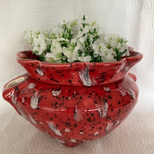 May include: Red ceramic planter with a white and black floral design. The planter has a wide, scalloped rim and a small opening on the side. The planter is filled with white flowers.
