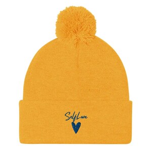 Self-Love Pom-Pom Beanie | Cozy Knit Winter Hat, Handmade, Unisex Style, Sustainable Embroidery for Warmth & Fashion