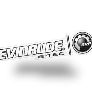 May include: White and black Evinrude E-TEC logo with a black and white BRP logo in a circle.