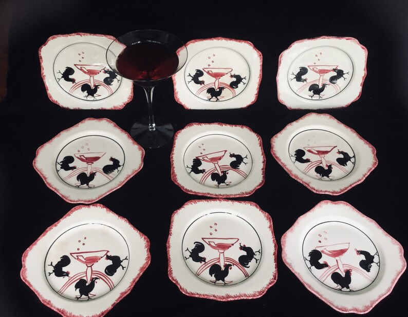 Vintage 9 Blue Ridge Southern Potteries Plates \u201cCheers\u201d PatternThree Black Roosters with Cocktail GlassAppalachian Pottery Rare