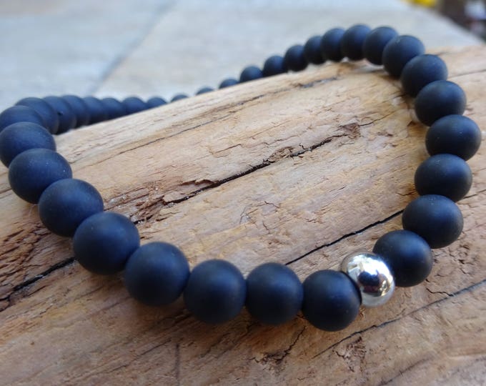 6mm Matte Black Onyx Gemstone Stretch Beaded Stacking Bracelet With Stainless Steel Silver Bead