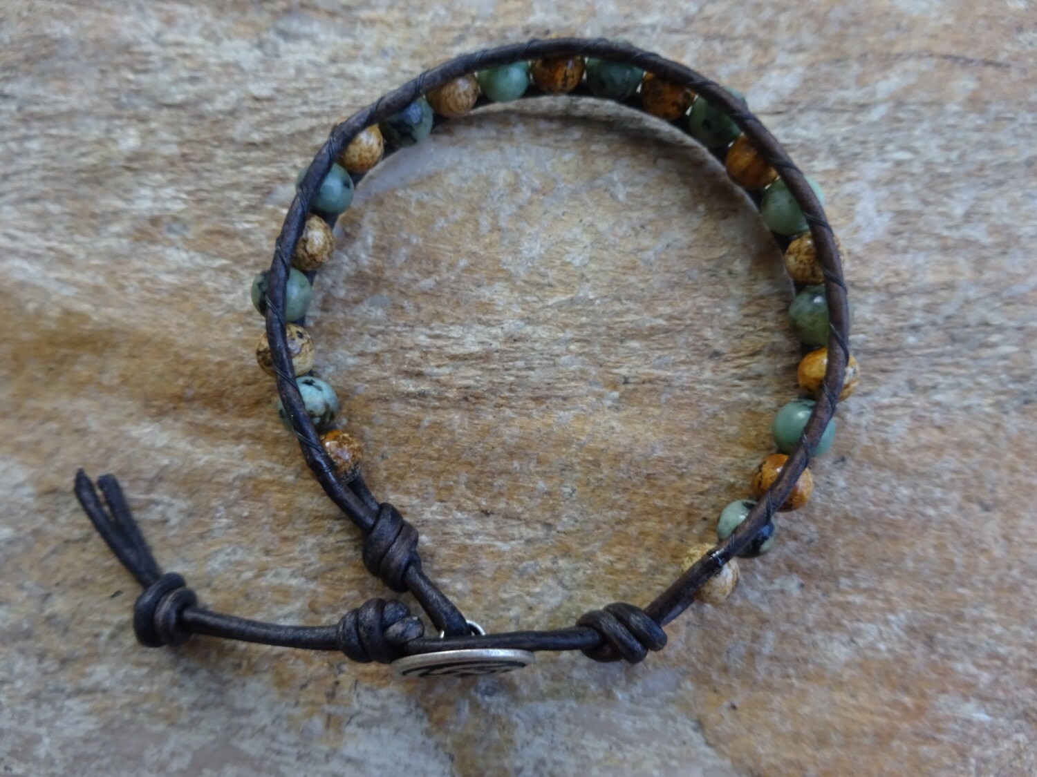 Mens 6mm African Turquoise & Picture Jasper Gemstone Single Wrap Bead ...