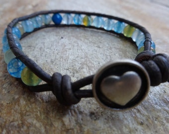 Women's 6mm Blue Dragon Vein Agate Gemstone Single Wrap Beaded Bracelet Brown Leather with Silver Metal Heart Button