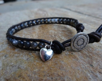 Women's 4mm Gray Mother of Pearl Gemstone Single Wrap Beaded Bracelet with Black Leather, Silver Metal Mystic Circle Button & Heart Charm