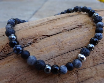4mm Black Onyx &  Multiple Gray and Black Gemstones Beaded Stacking Stretch Bracelet With Stainless Steel Silver Bead