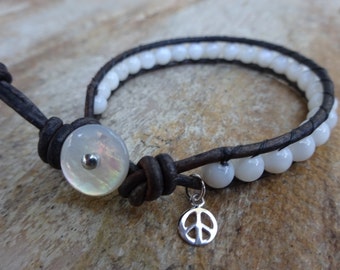 Women's 6mm White Mother of Pearl Gemstone Single Wrap Beaded Bracelet with Brown Leather, MOP Vintage Button and Silver Peace Sign Charm