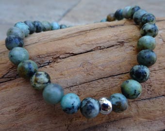 6mm African Turquoise Gemstone Stretch Beaded Stacking Bracelet With Stainless Steel Silver Bead