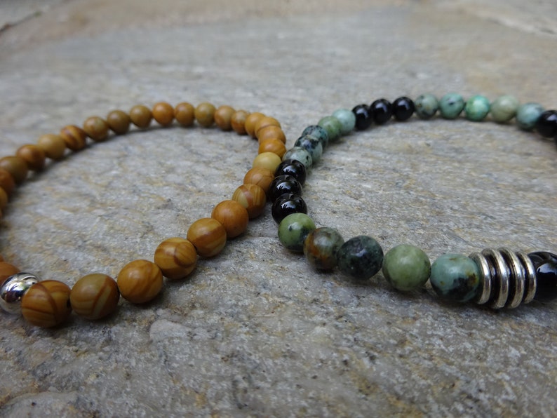 Set of 2 6mm African Turquoise & Wood Jasper Gemstone Stretch beaded Stacking Bracelet With a Silver Bead image 3