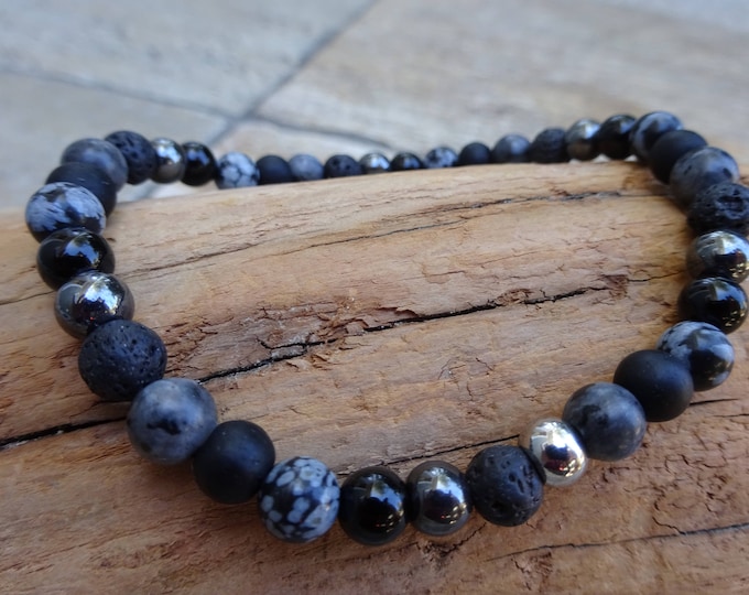 6mm Black Onyx &  Multiple Gray and Black Gemstones Beaded Stacking Stretch Bracelet With Stainless Steel Silver Bead