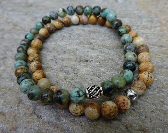 Set of 2 - 6mm African Turquoise & Picture Jasper Gemstone Stretch Beaded Stacking Bracelet With Silver Bead