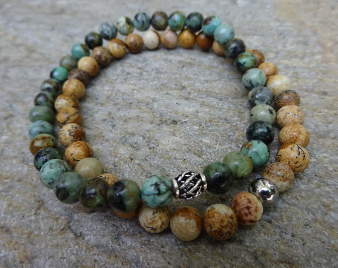 Set of 2 - 6mm African Turquoise & Picture Jasper Gemstone Stretch Beaded Stacking Bracelet With Silver Bead