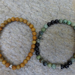 Set of 2 6mm African Turquoise & Wood Jasper Gemstone Stretch beaded Stacking Bracelet With a Silver Bead image 2