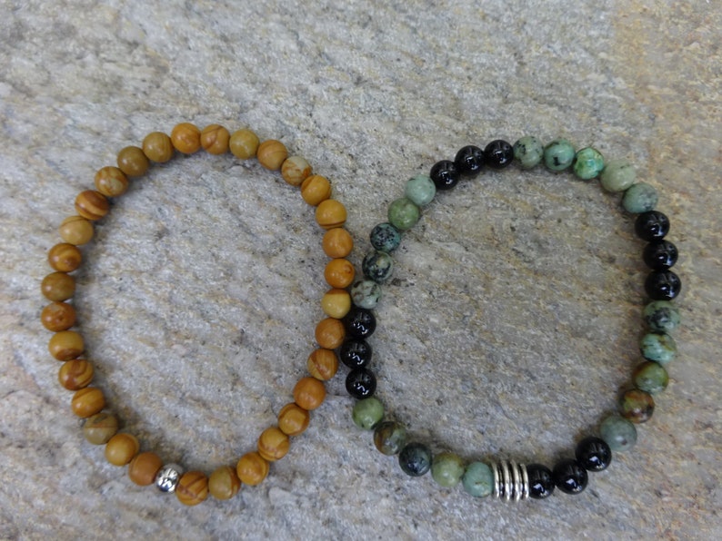 Set of 2 6mm African Turquoise & Wood Jasper Gemstone Stretch beaded Stacking Bracelet With a Silver Bead image 2
