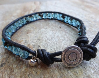 Women's 6mm Blue & Black Faceted Glass Single Wrap Beaded Bracelet with Black Leather. Silver Metal Mystic Circle Button and Heart Charm