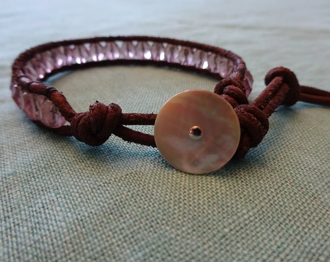 Women's 6mm Light Amethyst Faceted Glass / Brown Leather Single Wrap Bead Bracelet with Mother of Pearl Button
