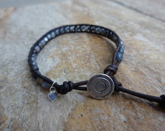 Women's 4mm Gray Mother of Pearl Gemstone Single Wrap Beaded Bracelet with Black Leather, Silver Metal Mystic Circle Button & Heart Charm