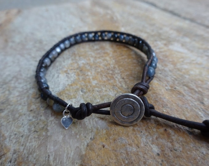 Women's 4mm Gray Mother of Pearl Gemstone Single Wrap Beaded Bracelet with Black Leather, Silver Metal Mystic Circle Button & Heart Charm