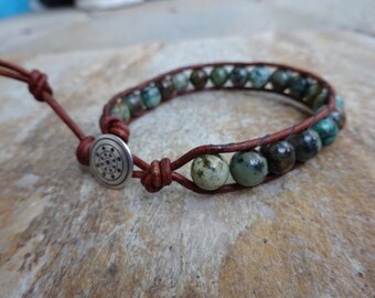 Men's 8mm African Turquoise Gemstone Single Wrap Beaded Bracelet with Brown leather and a Silver Metal Button