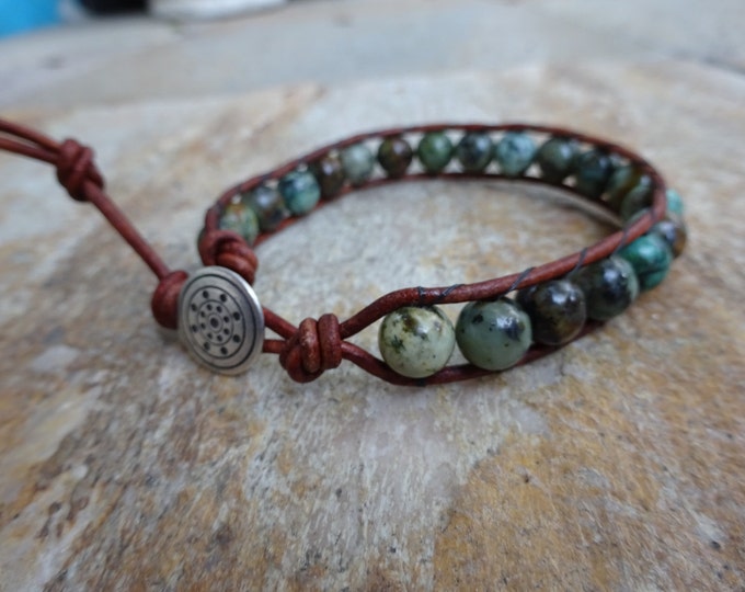 Men's 8mm African Turquoise Gemstone Single Wrap Beaded Bracelet with Brown leather and a Silver Metal Button