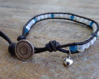 Women's 4mm White Mother of Pearl,  Blue Faceted Gemstone Single Wrap Beaded Bracelet With Brown Leather & Silver Mystic Circle Metal Button