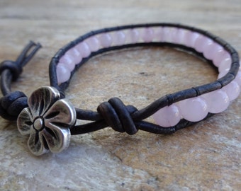 Women's 6mm Rose Quartz Gemstone Single Wrap Beaded Single Wrap Bracelet Brown Leather and a Silver Flower Button