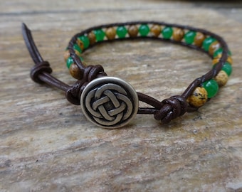 Men's 6mm Green Jade & Picture Jasper Gemstone Single Wrap Beaded Bracelet With Brown Leather and a Silver Metal Irish Celtic Knot Button