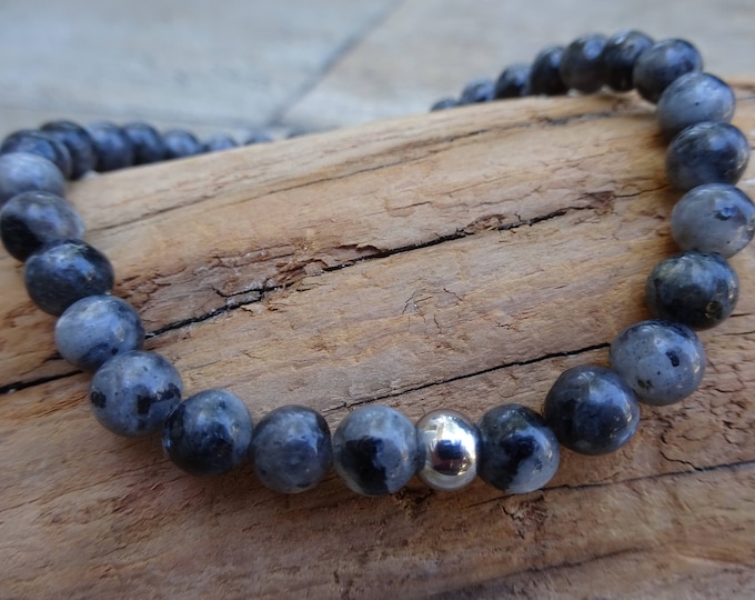 6mm black labradorite Gemstone Stretch beaded Stacking Bracelet with Silver Bead