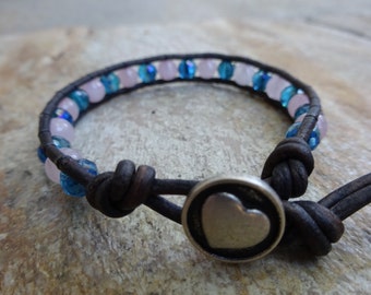 Women's 6mm Rose Quartz & Blue Crystal Single Wrap Beaded Bracelet with Brown Leather and a Silver Metal Heart Button