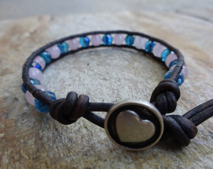 Women's 6mm Rose Quartz & Blue Crystal Single Wrap Beaded Bracelet with Brown Leather and a Silver Metal Heart Button