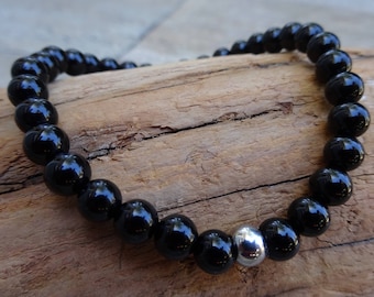 6mm Black Onyx Gemstone Stretch Beaded Stacking Bracelet With a Stainless Steel Silver Bead