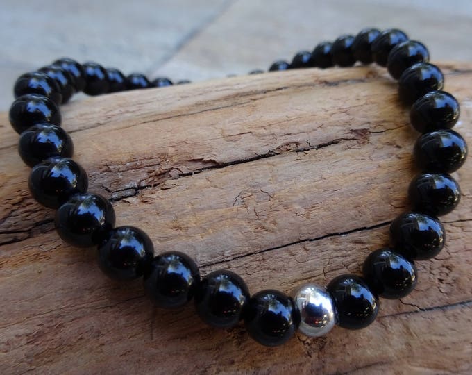 6mm Black Onyx Gemstone Stretch Beaded Stacking Bracelet With a Stainless Steel Silver Bead