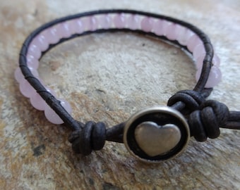 Women's 6mm Rose Quartz Gemstone Single Wrap Beaded Bracelet with Brown Leather and a Silver Metal Heart Button